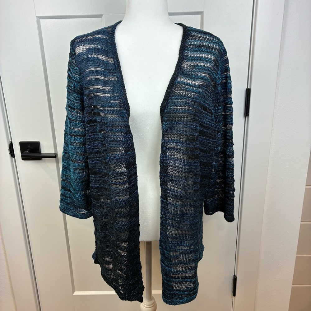 Chico's Black Blue Open Crochet Sweater Cardigan Size 3 (XL or 16)  g